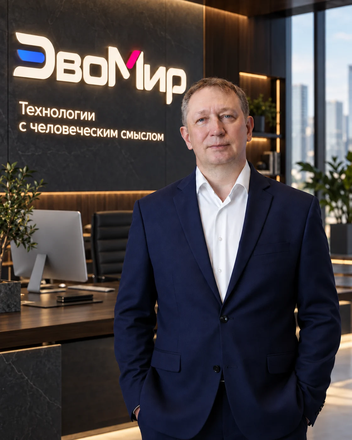 Визуальная концепция: Алексей Шакиров в современном офисе с подсвеченным логотипом ЭвоМир на стене